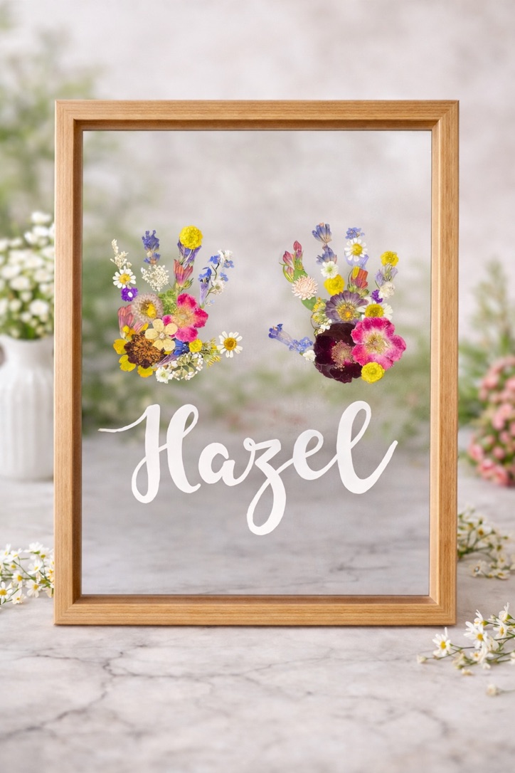 Childhood keepsake with pressed flower handprints and the name Hazel